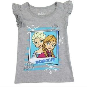 Disney Frozen Elsa Anna Cool Selfie Grey Glitter Ruffled Girls T-Shirt NWT